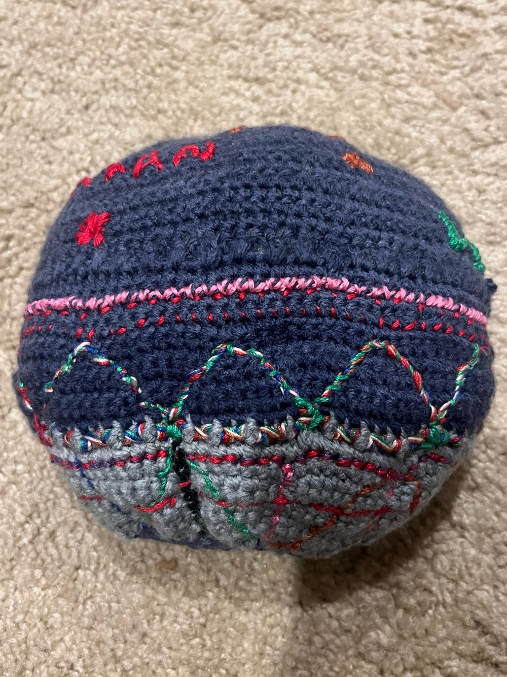 Handmade Crocheted Round Decorative Pillow – Embroidered Folk-Art Design